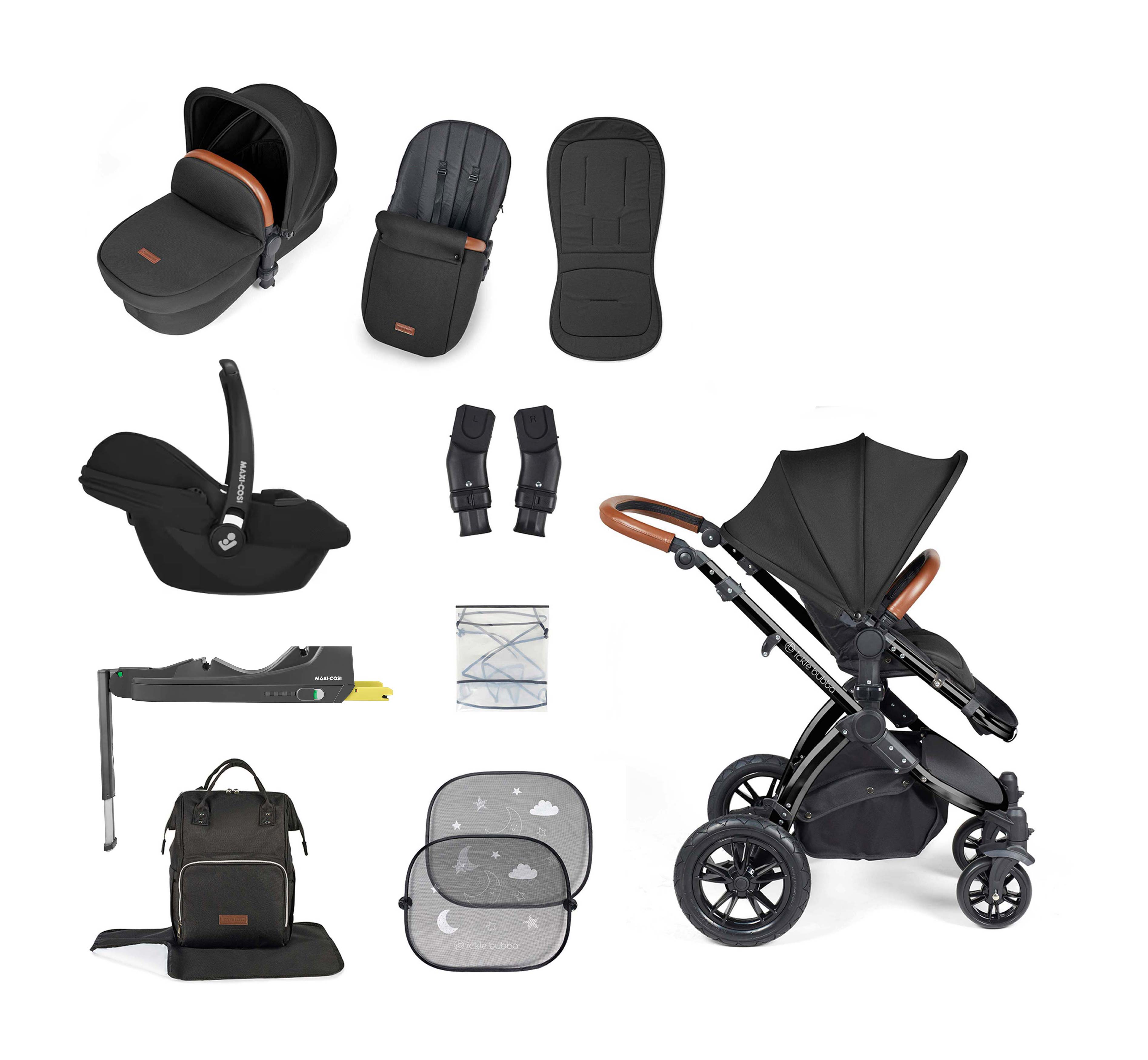 Ickle Bubba Stomp Luxe 12 Piece Bundle + Cabriofix i-Size Car Seat & Isofix Base Midnight Black