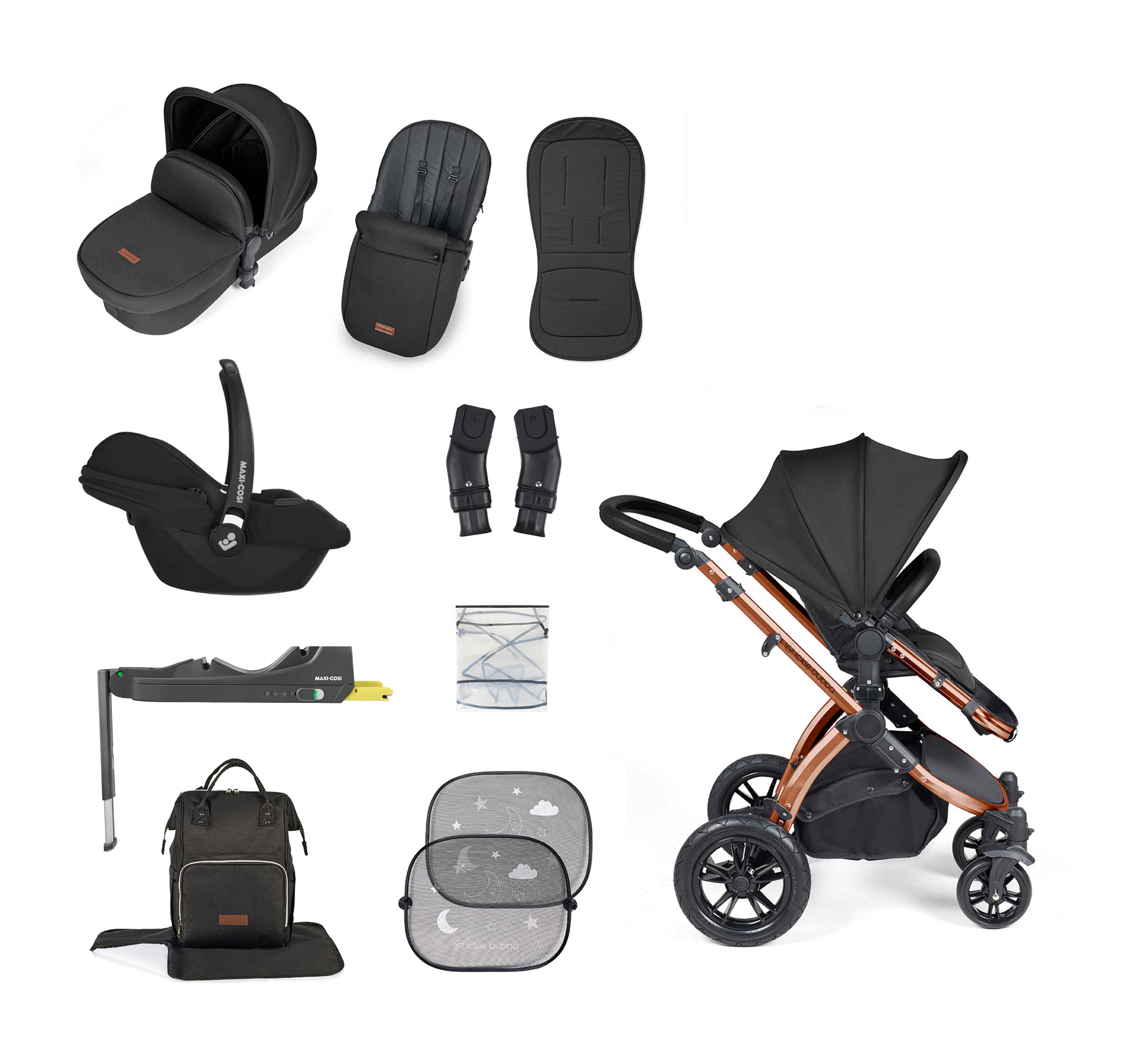 Ickle Bubba Stomp Luxe 12 Piece Bundle + Cabriofix i-Size Car Seat & Isofix Base Midnight Black