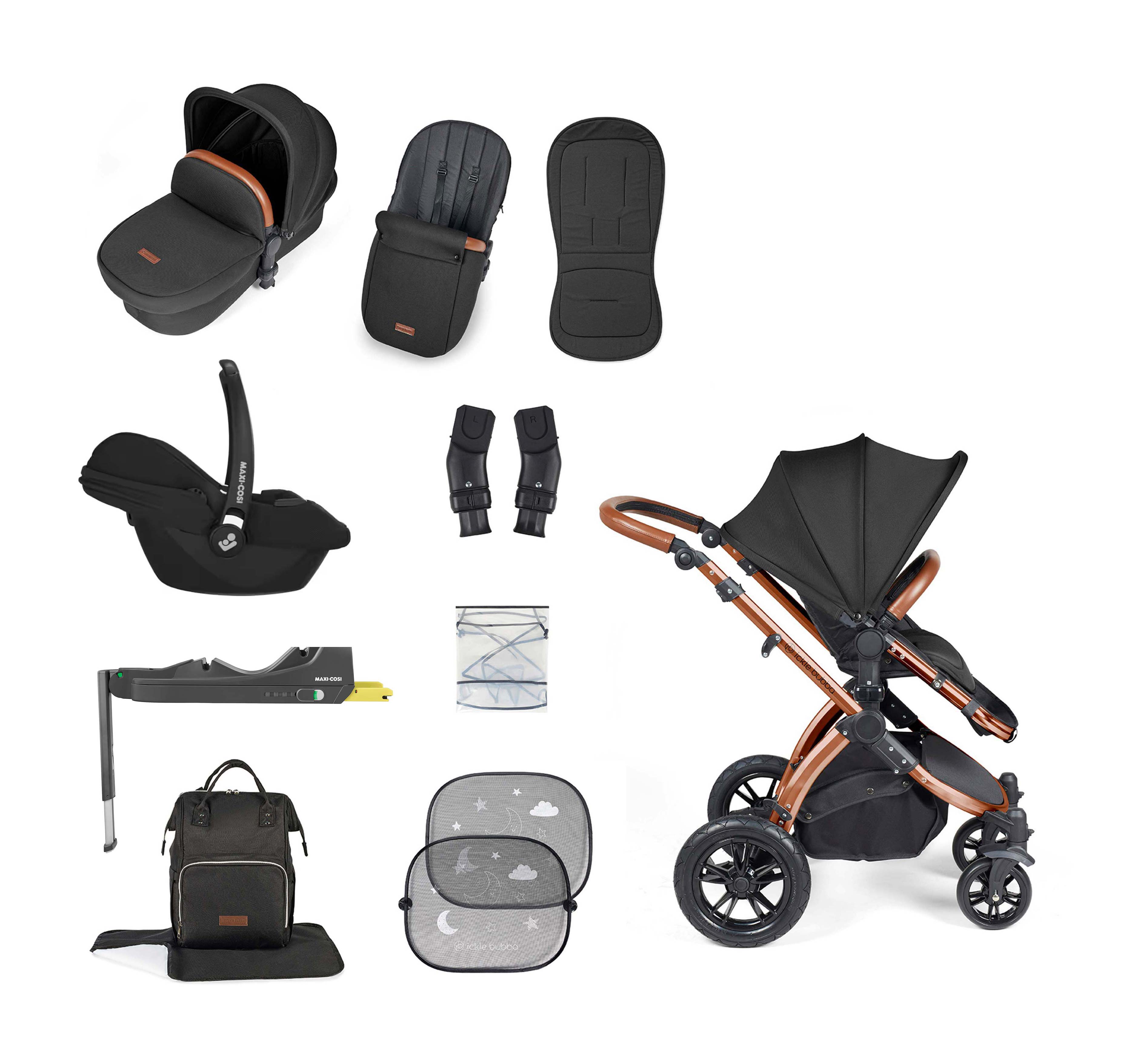 Ickle Bubba Stomp Luxe 12 Piece Bundle + Cabriofix i-Size Car Seat & Isofix Base Midnight Black