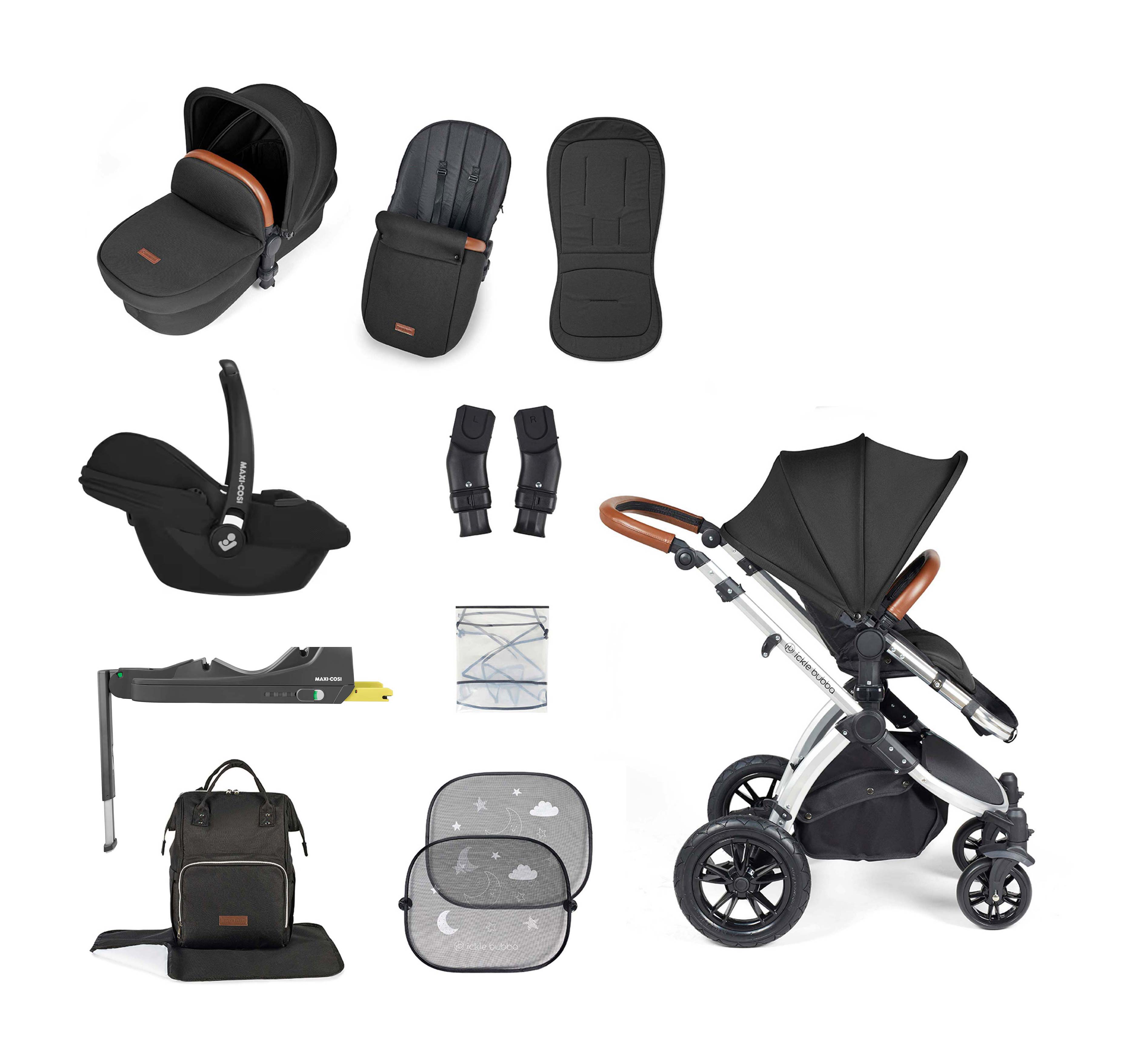Ickle Bubba Stomp Luxe 12 Piece Bundle + Cabriofix i-Size Car Seat & Isofix Base Midnight Black