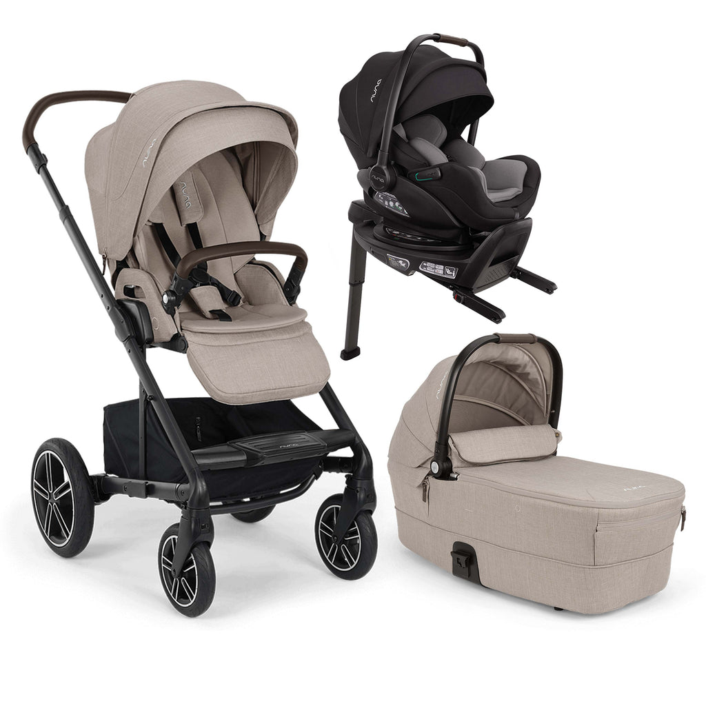 Baby stroller, car seat, and bassinet set on a white background