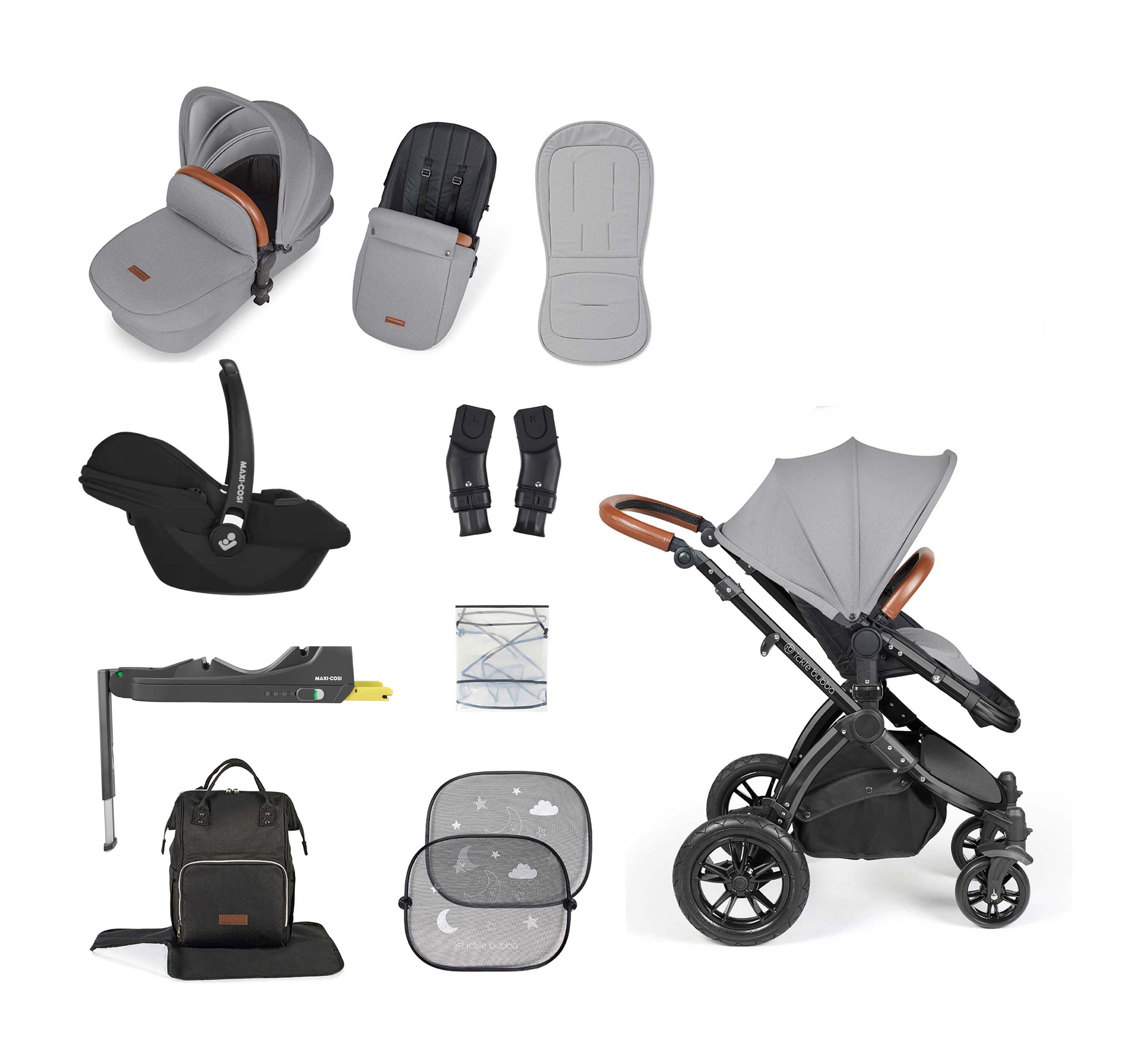 Ickle Bubba Stomp Luxe 12 Piece bundle + Cabriofix i-Size Car Seat & Isofix Base Pearl Grey