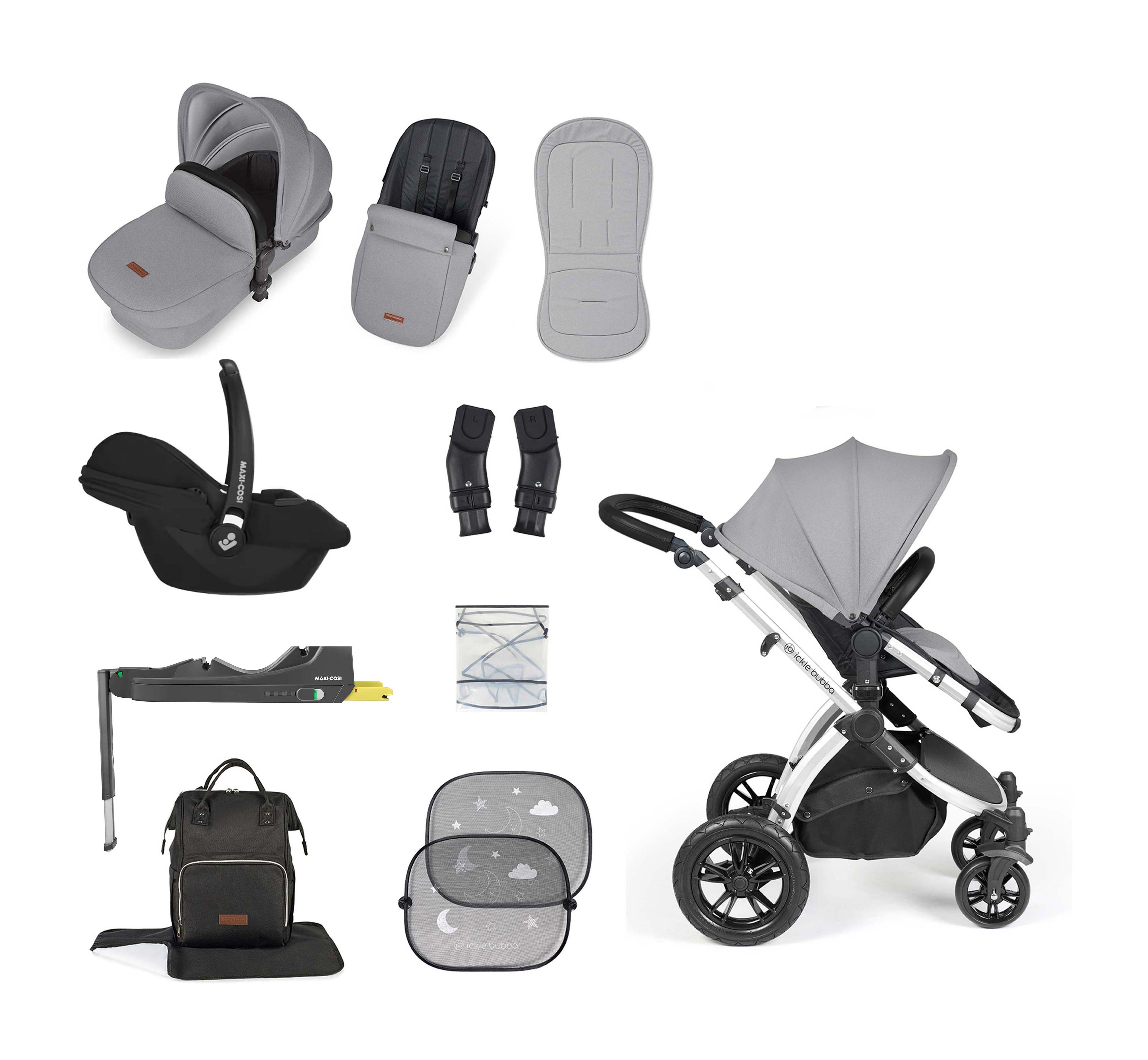 Ickle Bubba Stomp Luxe 12 Piece bundle + Cabriofix i-Size Car Seat & Isofix Base Pearl Grey