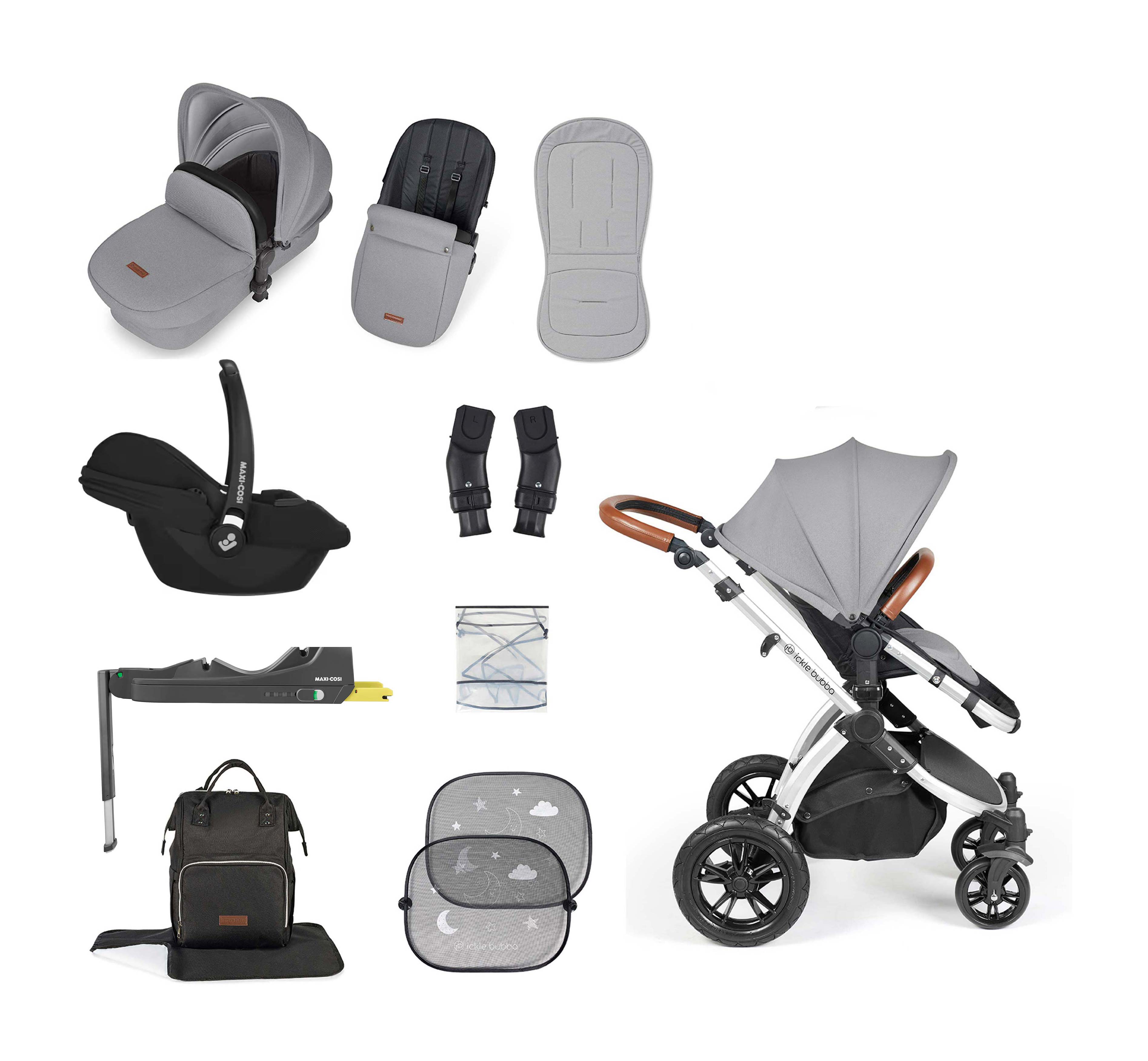 Ickle Bubba Stomp Luxe 12 Piece bundle + Cabriofix i-Size Car Seat & Isofix Base Pearl Grey
