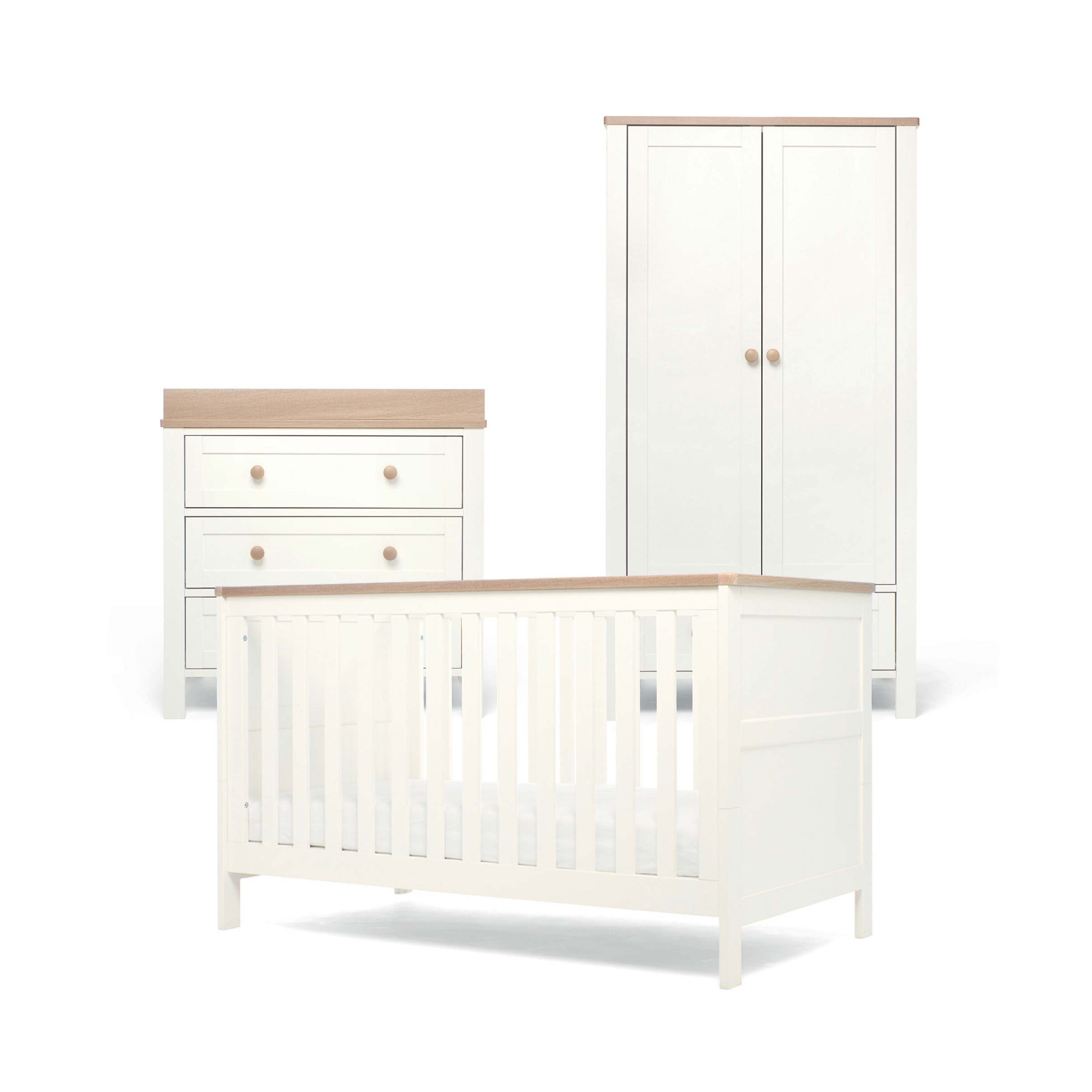 White and natural nursery furniture set with cot bed, dresser, and wardrobe on a white background