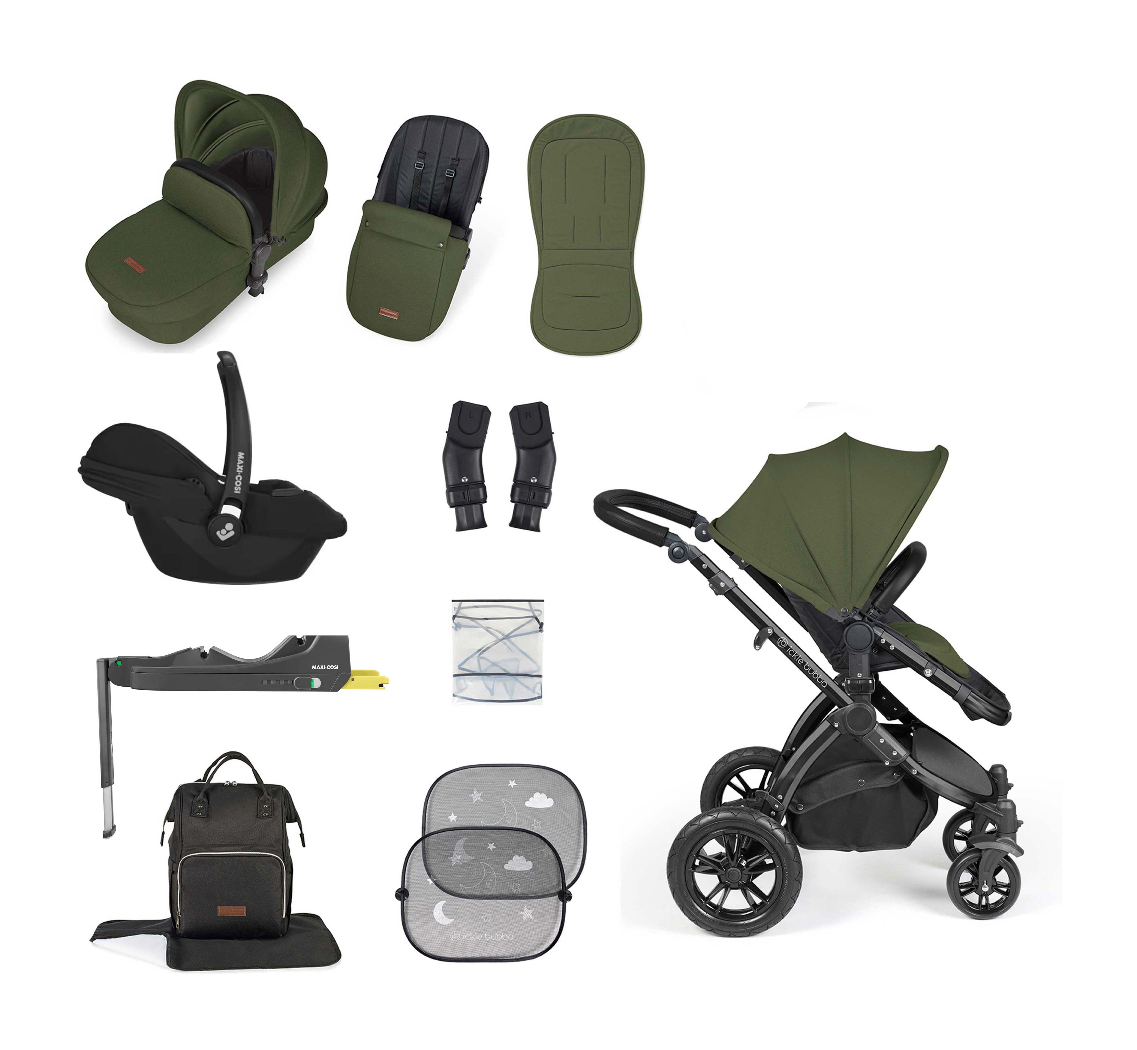 Ickle Bubba Stomp Luxe 12 Piece bundle + Cabriofix i-Size Car Seat & Isofix Base Woodland