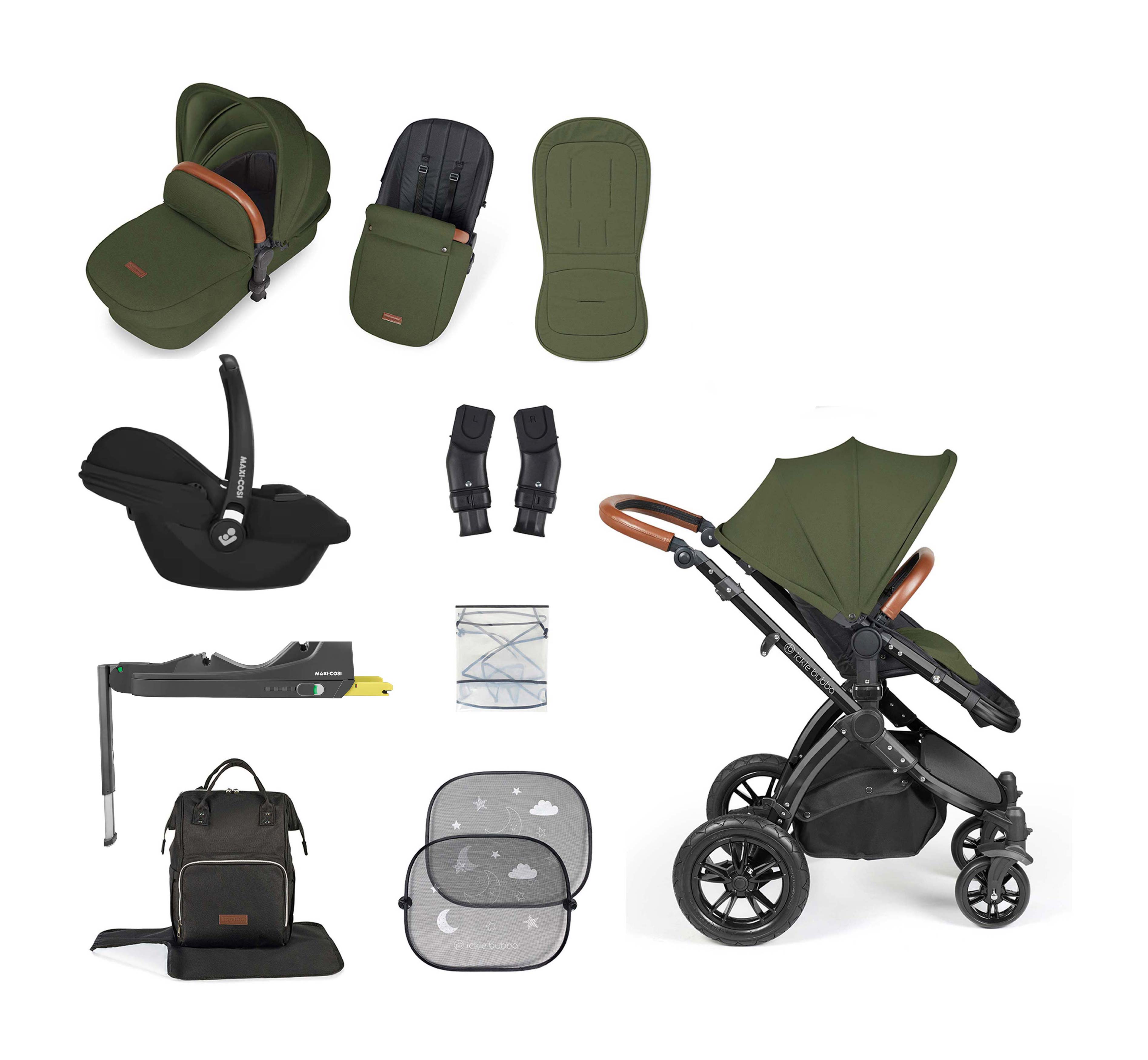 Ickle Bubba Stomp Luxe 12 Piece bundle + Cabriofix i-Size Car Seat & Isofix Base Woodland