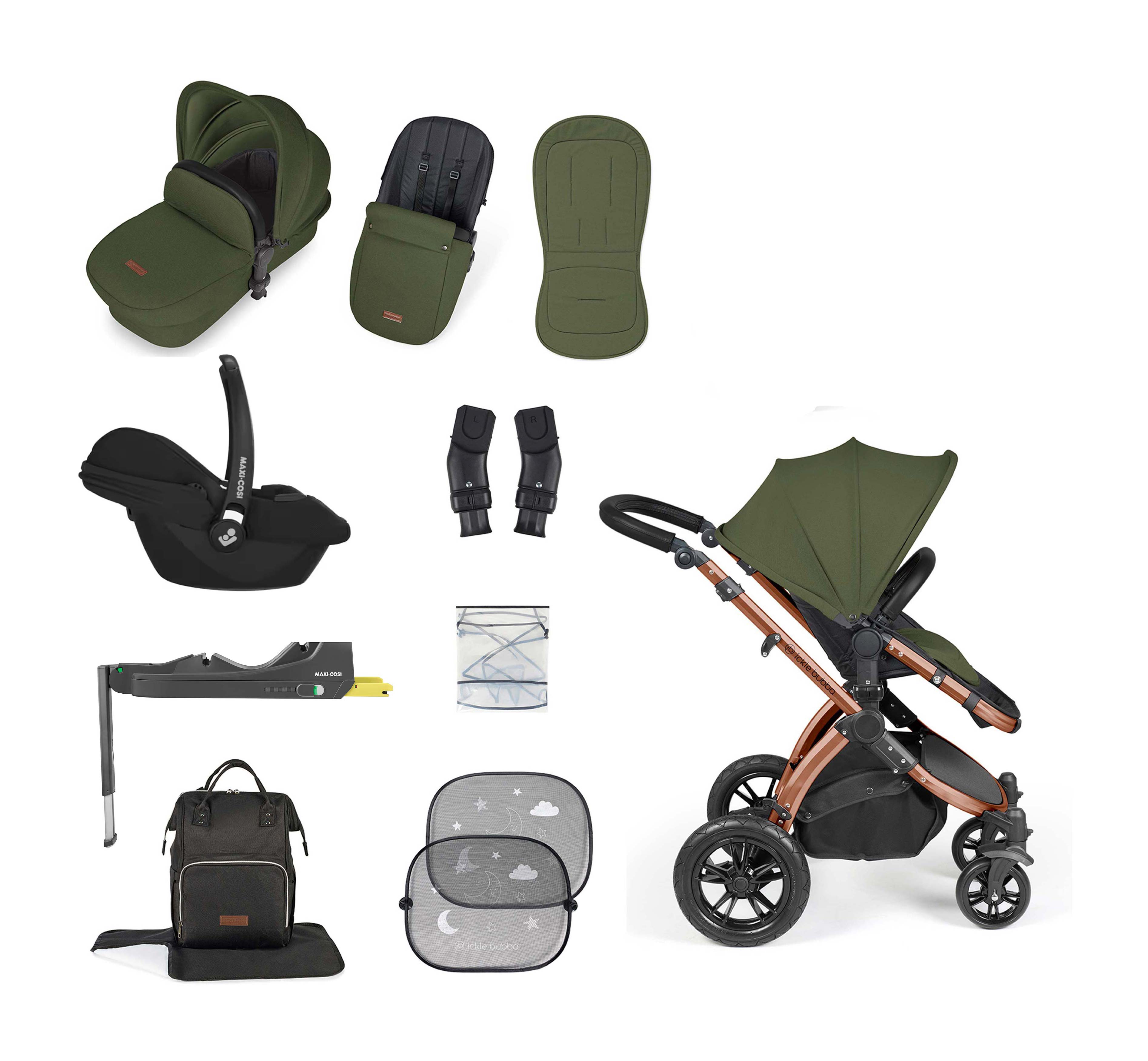 Ickle Bubba Stomp Luxe 12 Piece bundle + Cabriofix i-Size Car Seat & Isofix Base Woodland